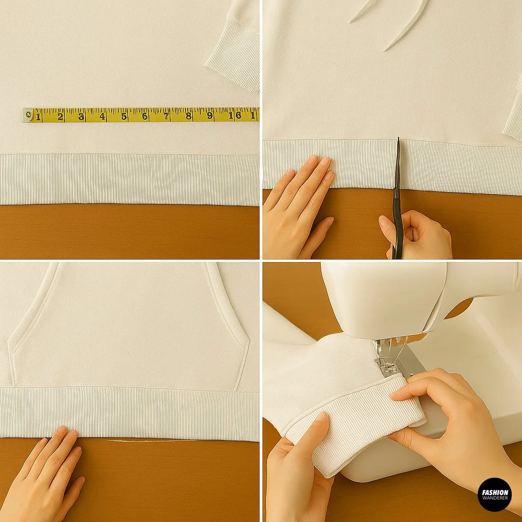 Cropping and hemming a hoodie for a modern silhouette as part of the DIY off-the-shoulder hoodie hack.
