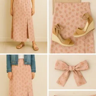 Grid of styling: model in maxi skirt with white tee & sandals, flat lay tank top w/ wedges, denim jacket look, floral sash.