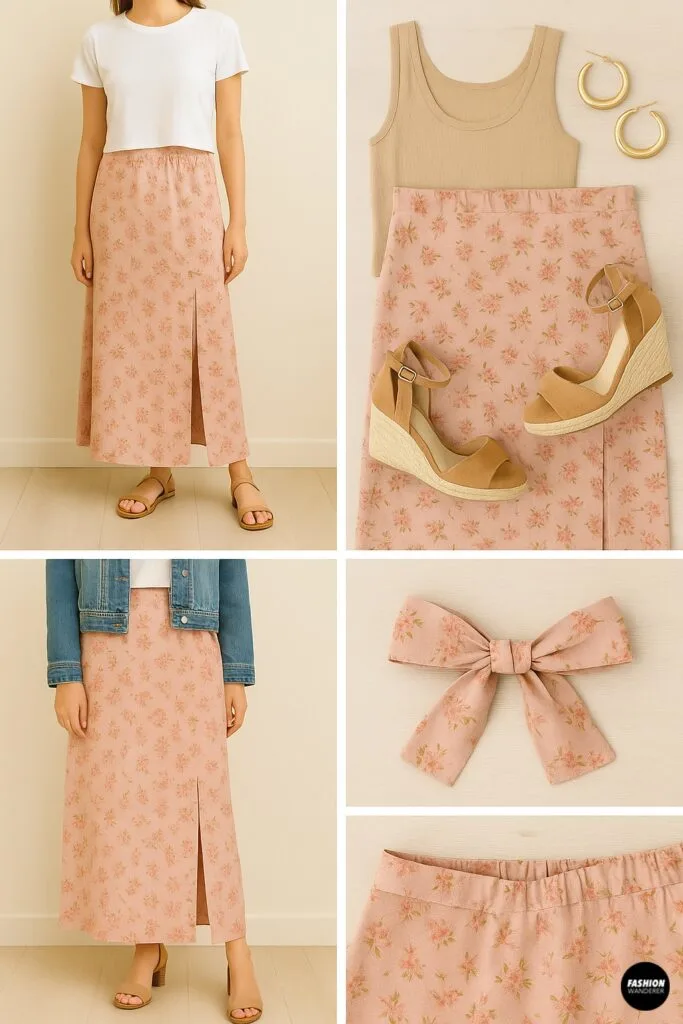 Grid of styling: model in maxi skirt with white tee & sandals, flat lay tank top w/ wedges, denim jacket look, floral sash.