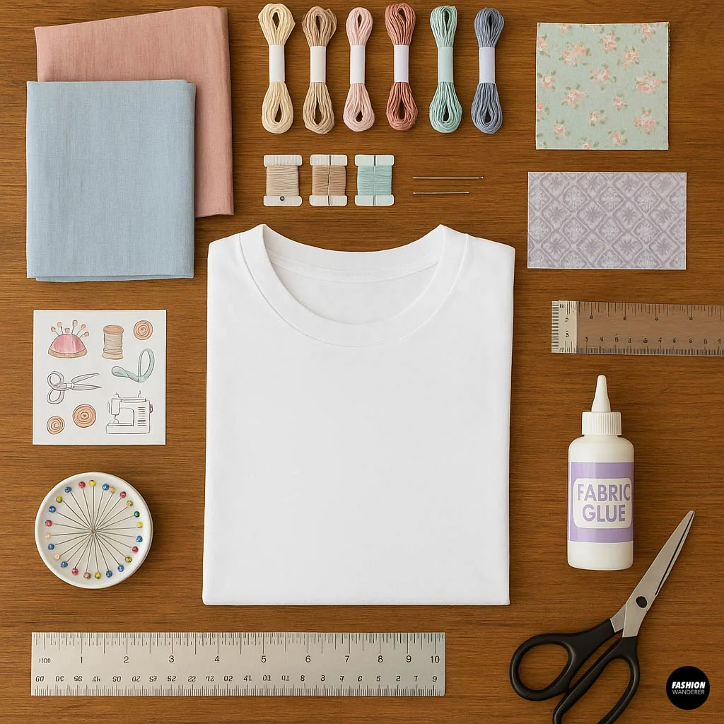 Top view of white folded t-shirt surrounded by embroidery threads, fabric swatches, needles, pins, scissors, fabric glue, and sewing-themed stickers on wooden surface.
