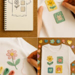 Step-by-step images showing sketch of patchwork embroidery design in notebook, sewing machine stitching floral patch onto white fabric, hand embroidery on flower design, and finished white t-shirt with colorful embroidered patches.