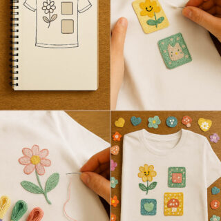 Step-by-step images showing sketch of patchwork embroidery design in notebook, sewing machine stitching floral patch onto white fabric, hand embroidery on flower design, and finished white t-shirt with colorful embroidered patches.