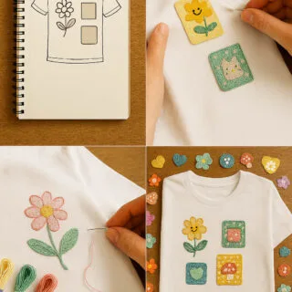 Step-by-step images showing sketch of patchwork embroidery design in notebook, sewing machine stitching floral patch onto white fabric, hand embroidery on flower design, and finished white t-shirt with colorful embroidered patches.