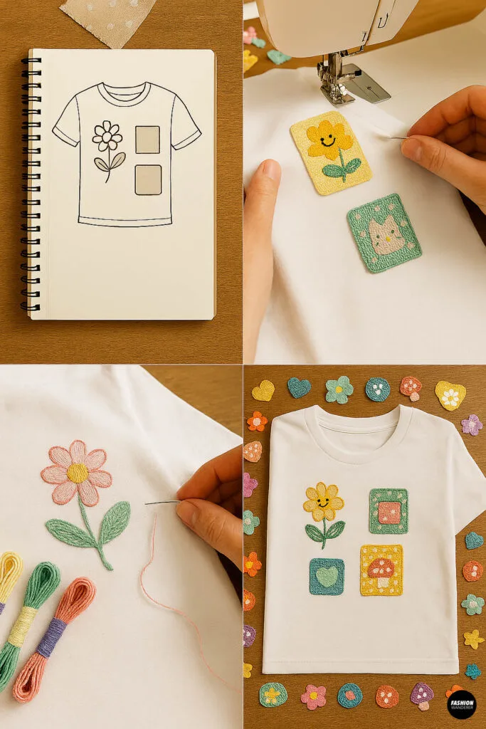 Step-by-step images showing sketch of patchwork embroidery design in notebook, sewing machine stitching floral patch onto white fabric, hand embroidery on flower design, and finished white t-shirt with colorful embroidered patches.