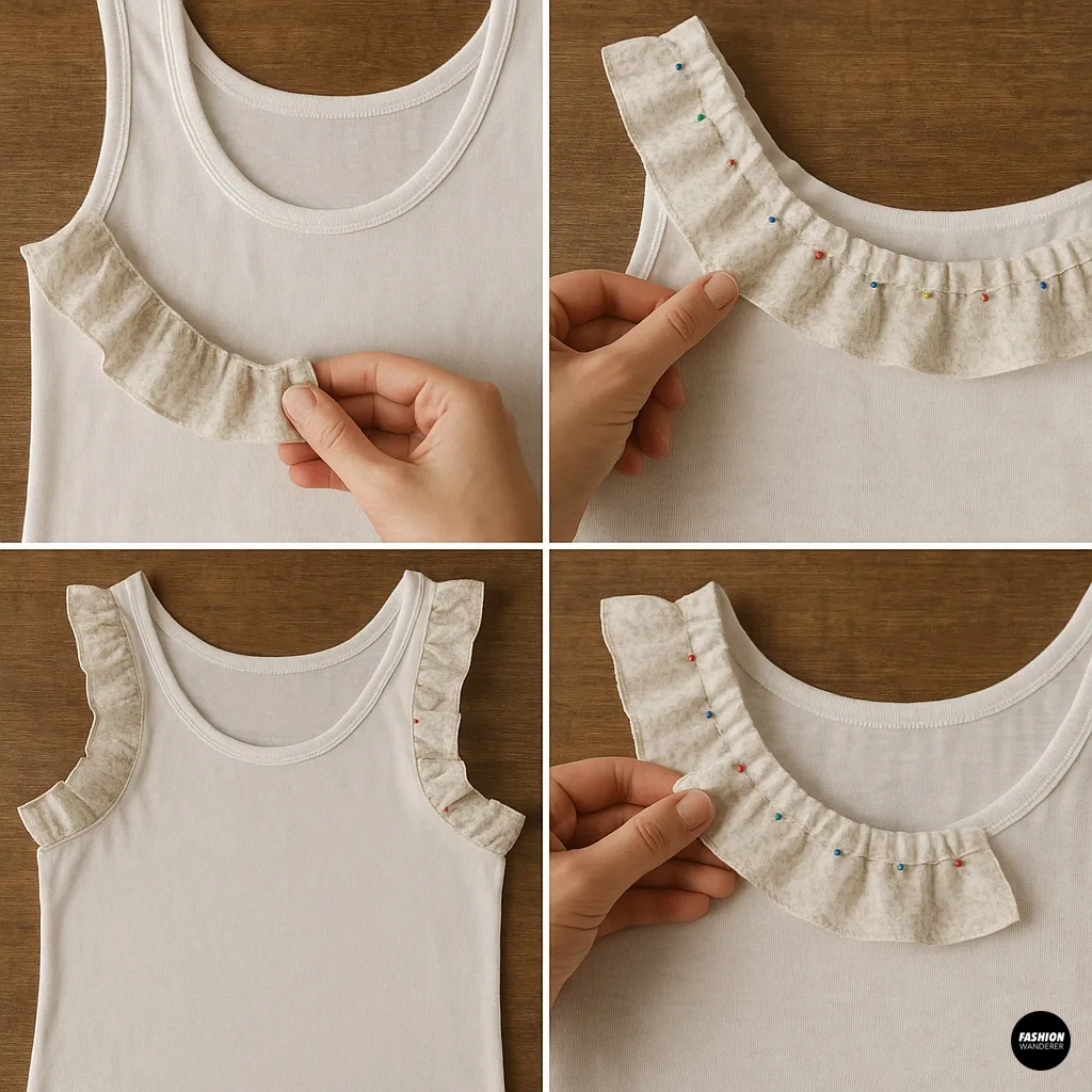 Four-panel collage of pinning ruffles: (1) hand positioning gathered ruffle at shoulder seam of white tank top, (2) multiple colored straight pins securing ruffle to tank, (3) both shoulders pinned with ruffle strips, (4) close-up of pinned ruffle at neckline&mdash;preparing to stitch ruffle sleeves.
