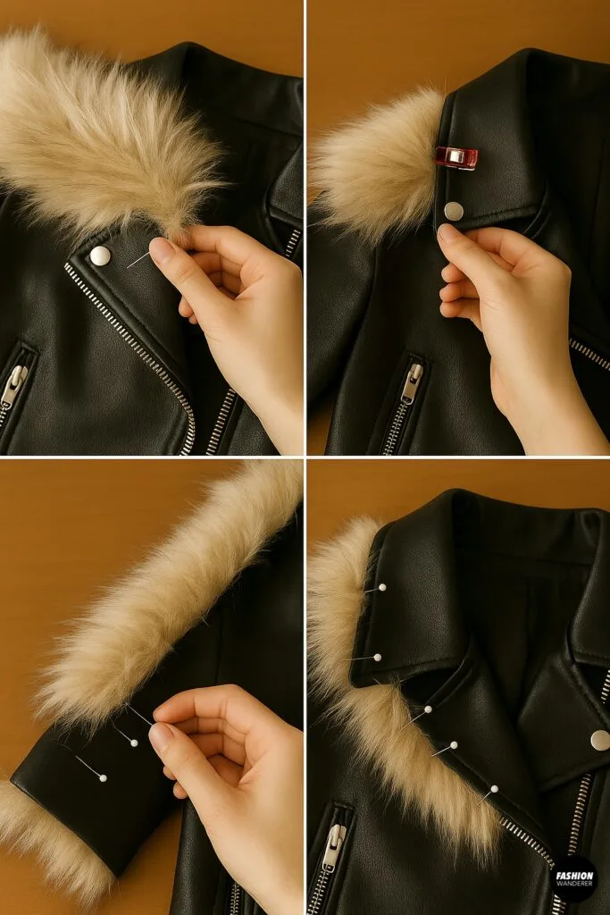 Step-by-step images of pinning faux fur trim onto a leather jacket collar and cuffs before sewing.