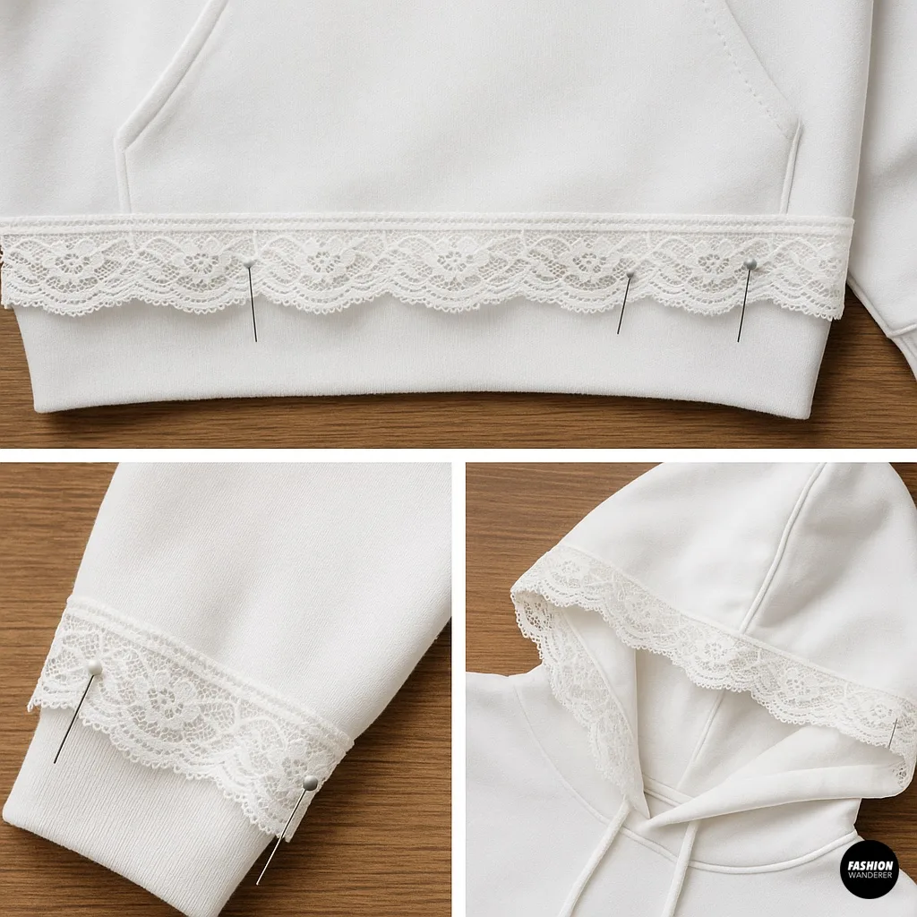 White hoodie with lace trim pinned along hem, cuffs, and hood before sewing, step-by-step fashion upcycling tutorial.