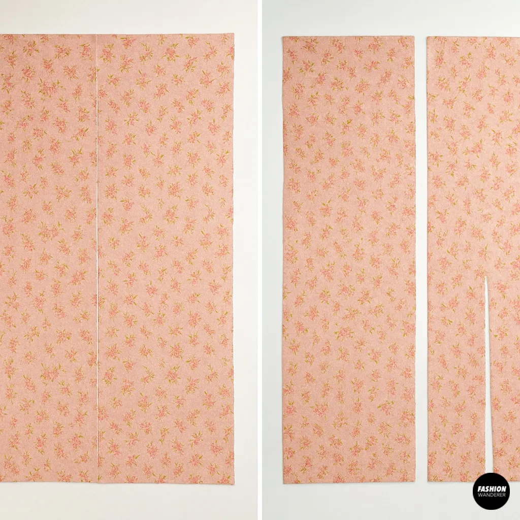 Floral curtain fabric folded into two rectangles for front/back skirt panels and narrow waistband strip.