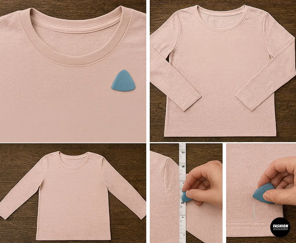 Flatlay step-by-step of marking a light pink long sleeve tee with tailor's chalk; includes measuring tape and close-ups of hands marking cutting lines on fabric for wrap top prep.