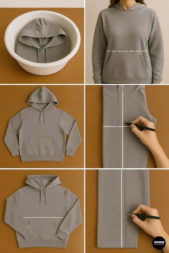 Top-down flatlay of a grey hoodie soaked in a white basin (pre-wash), a model wearing the hoodie marked with a chalk line across the waist, the hoodie laid flat on a wood table, and a hand drawing a vertical and horizontal cutting guide.