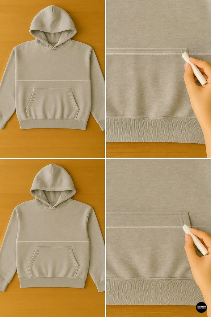 DIY tutorial step showing how to prepare a hoodie by marking cutting lines with tailor&rsquo;s chalk before upcycling into a skirt.