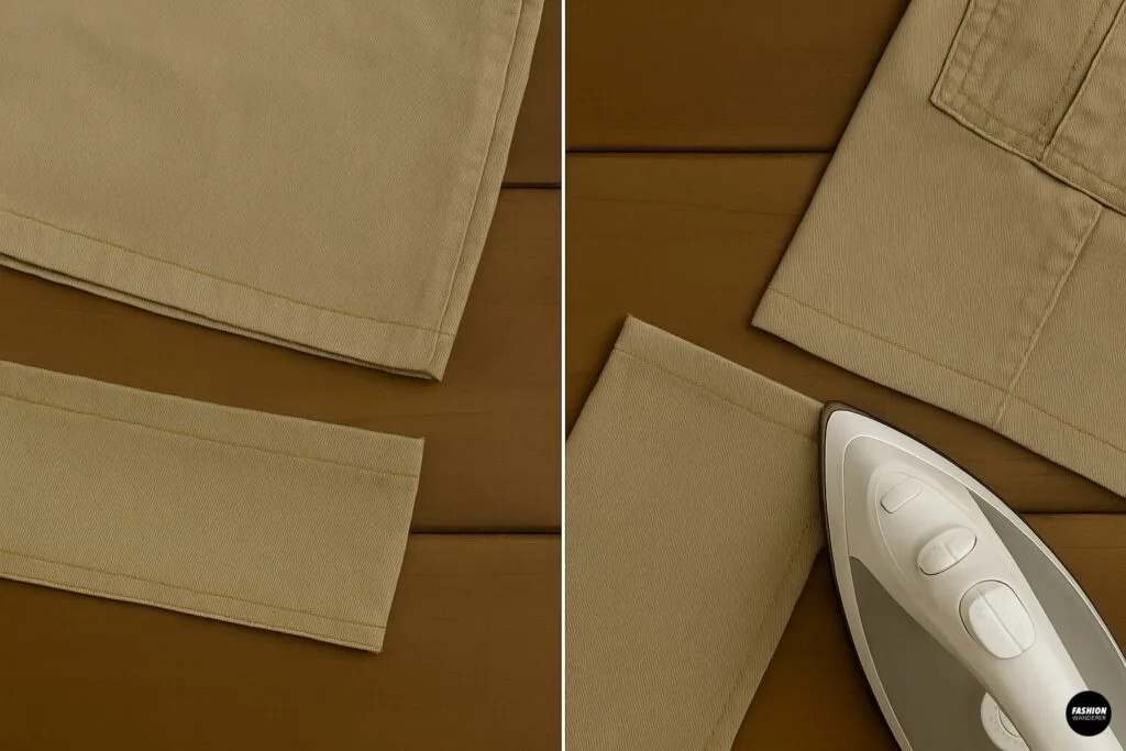 Close-up of khaki cargo shorts hem edges folded and ironed to prepare for sewing clean seams in DIY zip-off pants project.
