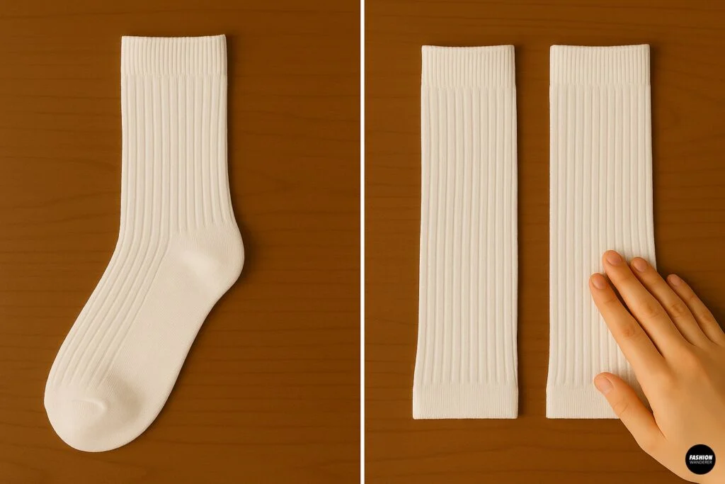 Step-by-step of preparing socks for DIY arm warmers&mdash;white ribbed sock before and after cutting off the foot section.