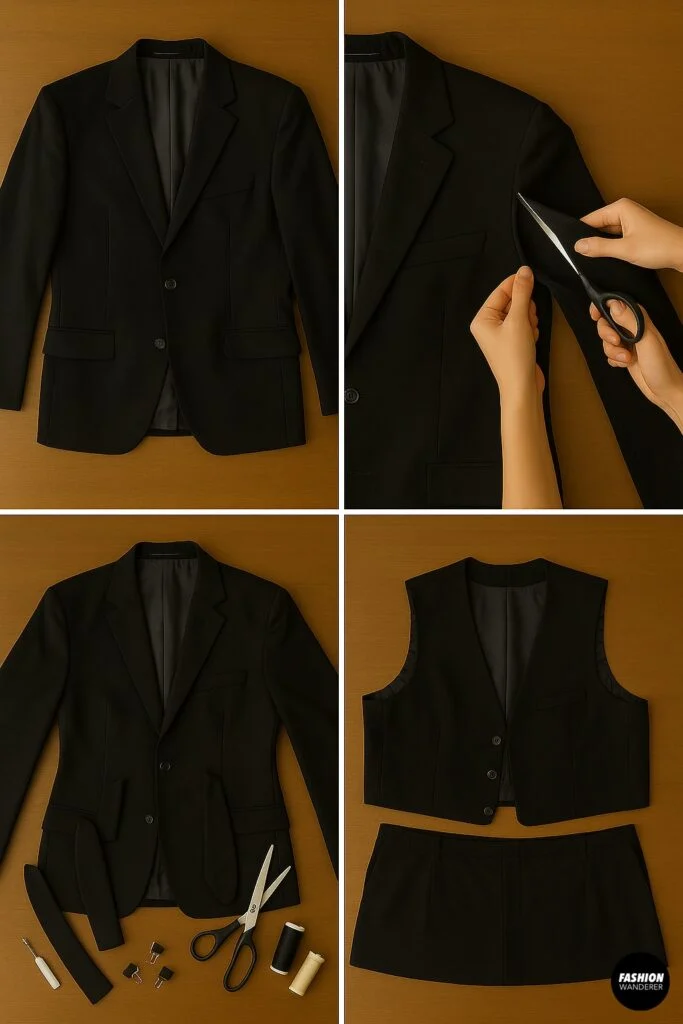 Top-down flatlay of a black men&rsquo;s blazer on a wooden table with hands using scissors to remove the sleeves, preparing for DIY cropped vest upcycle.