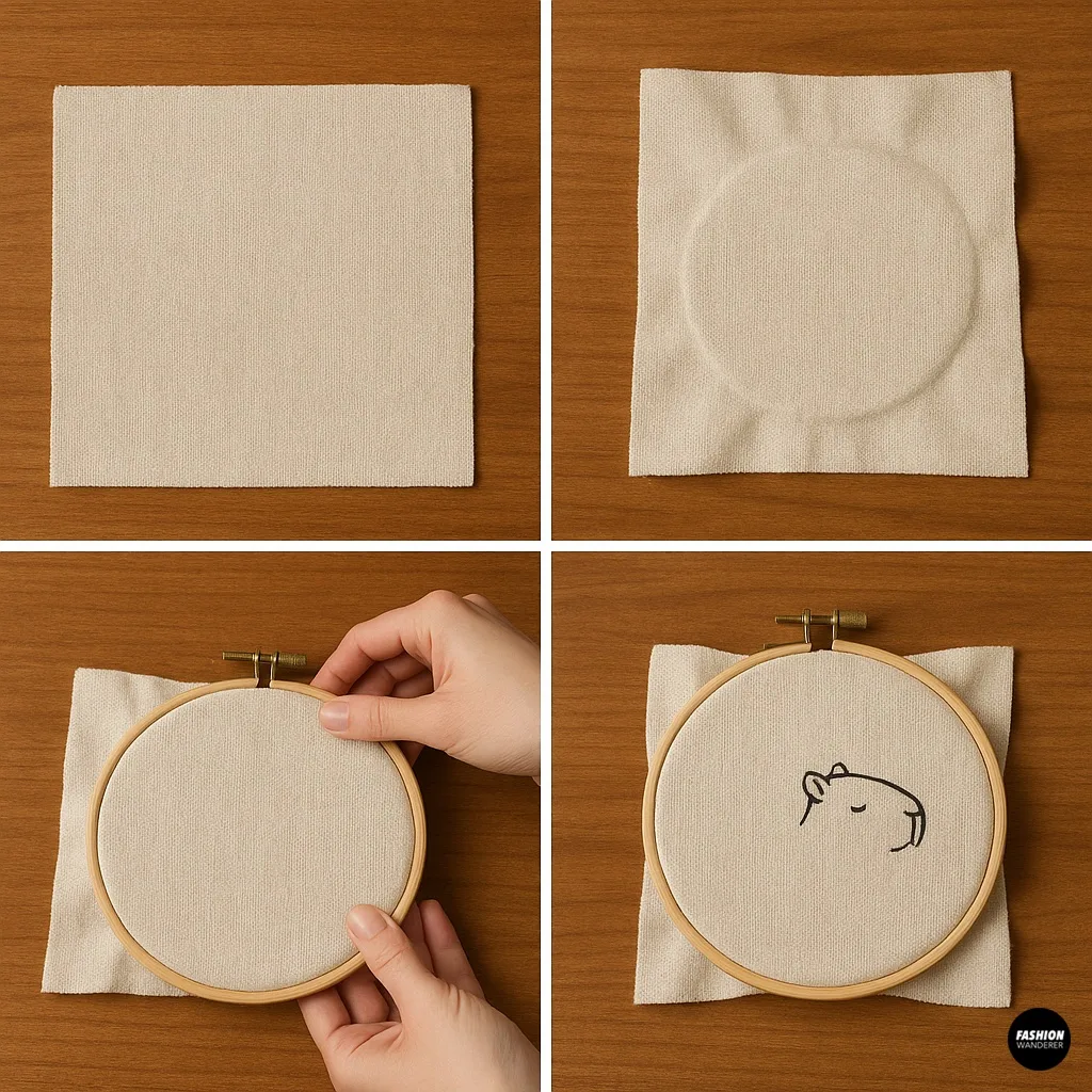 Step-by-step process for preparing fabric and hoop for embroidery, showing how to stretch and secure fabric inside a wooden embroidery hoop.