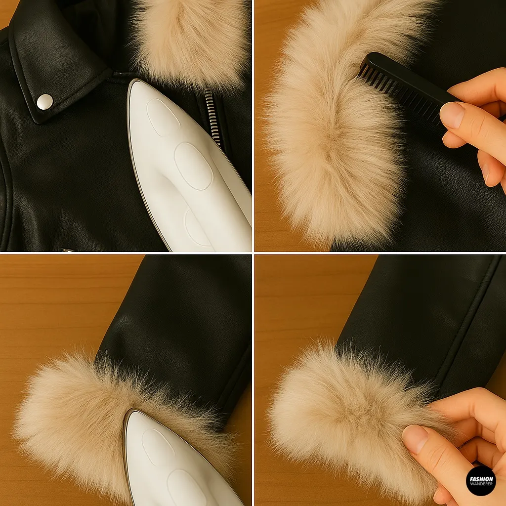Step-by-step photos showing ironing and combing faux fur trim on a jacket to restore volume and achieve a polished finish.