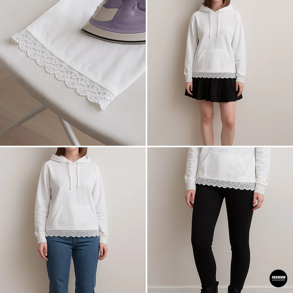 Finished lace-trimmed hoodie styled with skirts and jeans, DIY sewing project showing casual and coquette outfit ideas.
