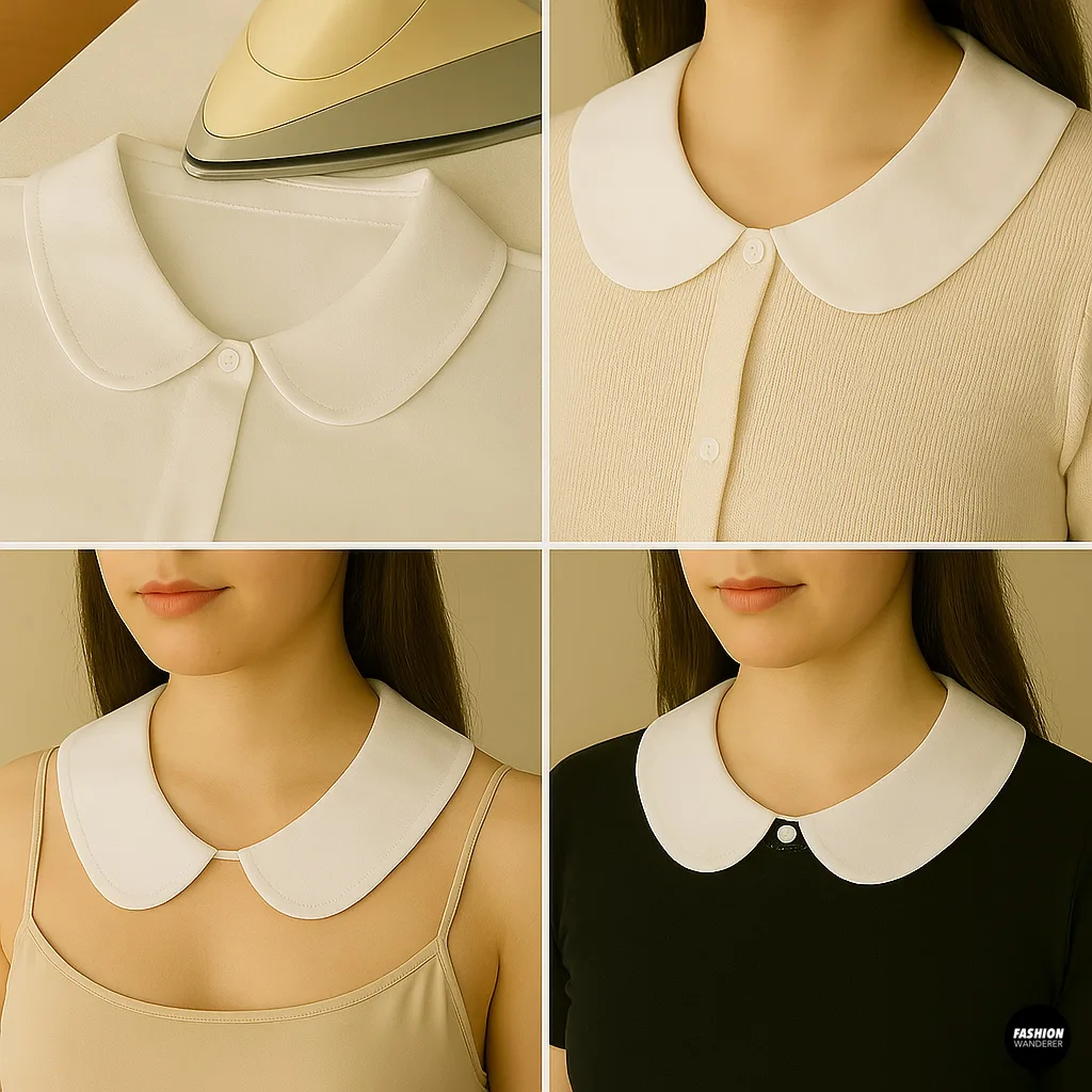 DIY detachable collar being pressed with iron and styled on various outfits to test fit.