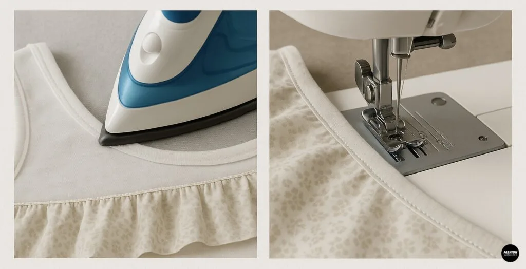 Two-panel collage showing final finishing: (1) iron pressing ruffle seam flat on the tank top, (2) sewing machine topstitching along the edge of the pressed ruffle for a polished finish&mdash;press and topstitch ruffle sleeve.