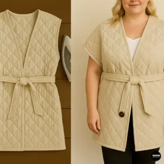 Finished quilted wrap vest with belt tie displayed flat and worn by a woman, demonstrating the final fit of the DIY coat project.