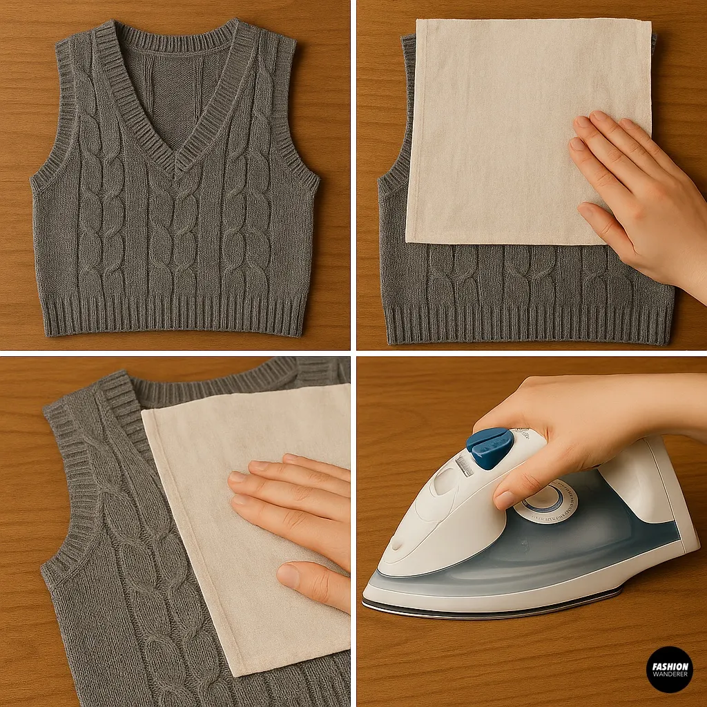 Pressing a finished grey cable-knit vest with an iron and cloth for a polished look.