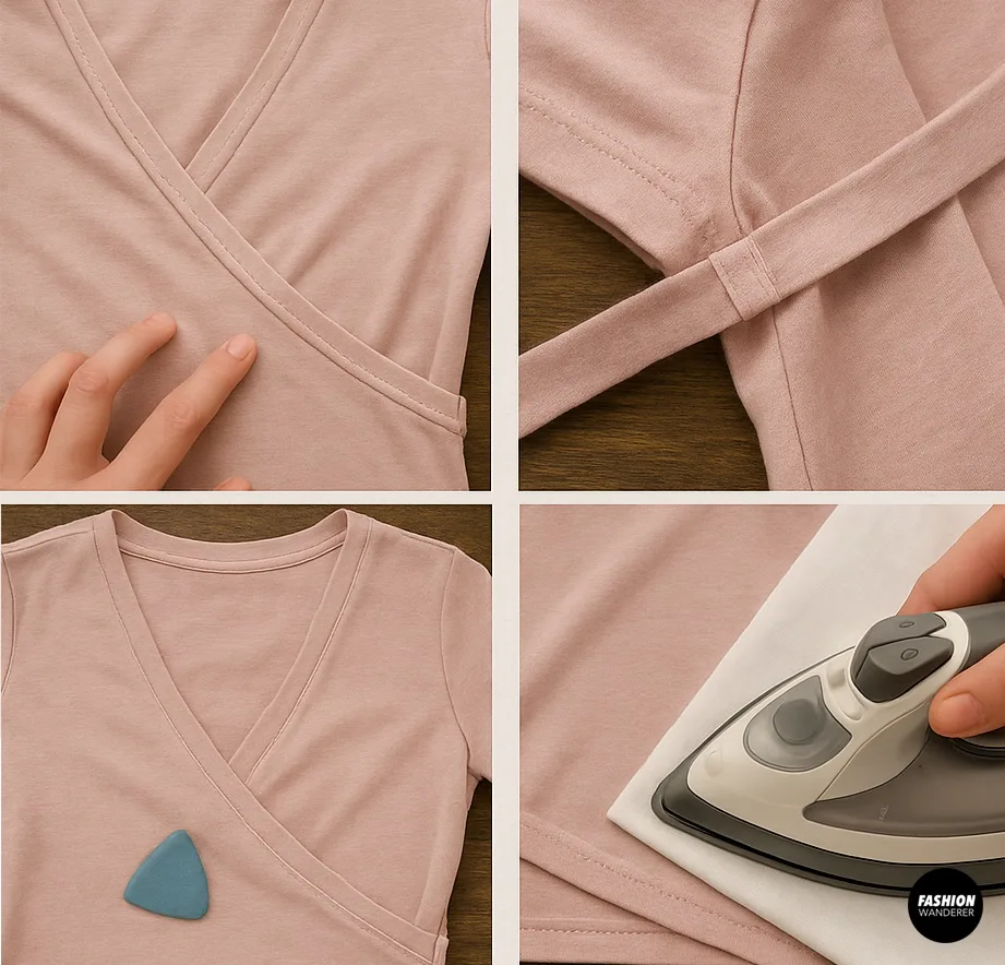 Detail shots of wrap top finishing details and tips: clean neckline, pressed side seam, secure wrap tie placement, and ironing for professional look.