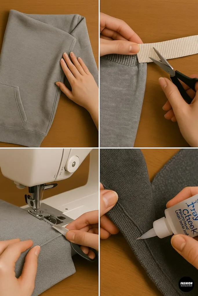 Flatlay of a hoodie and joggers on wood alongside scissors, elastic, ruler, sewing machine, needles, and a &ldquo;fray check&rdquo; bottle&mdash;illustrating tips for uneven cuts, elastic fit, seam puckering, and fray prevention.