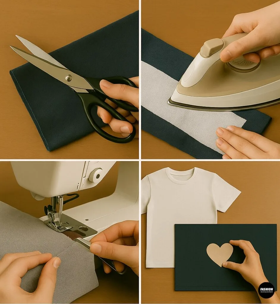 Four-panel photo collage: cutting navy knit fabric with sharp scissors, ironing on fusible interfacing to stabilize stretch fabric, testing stitch tension on scrap fabric with a sewing machine, and a small heart graphic template on a white T-shirt.