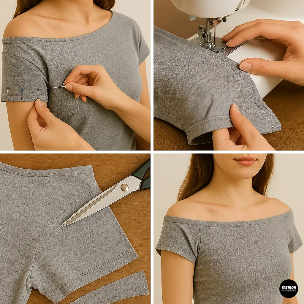 Detailed collage of hands sewing and finishing the bottom hem of the cropped tee, with comparisons of raw and finished edges on a wooden surface.