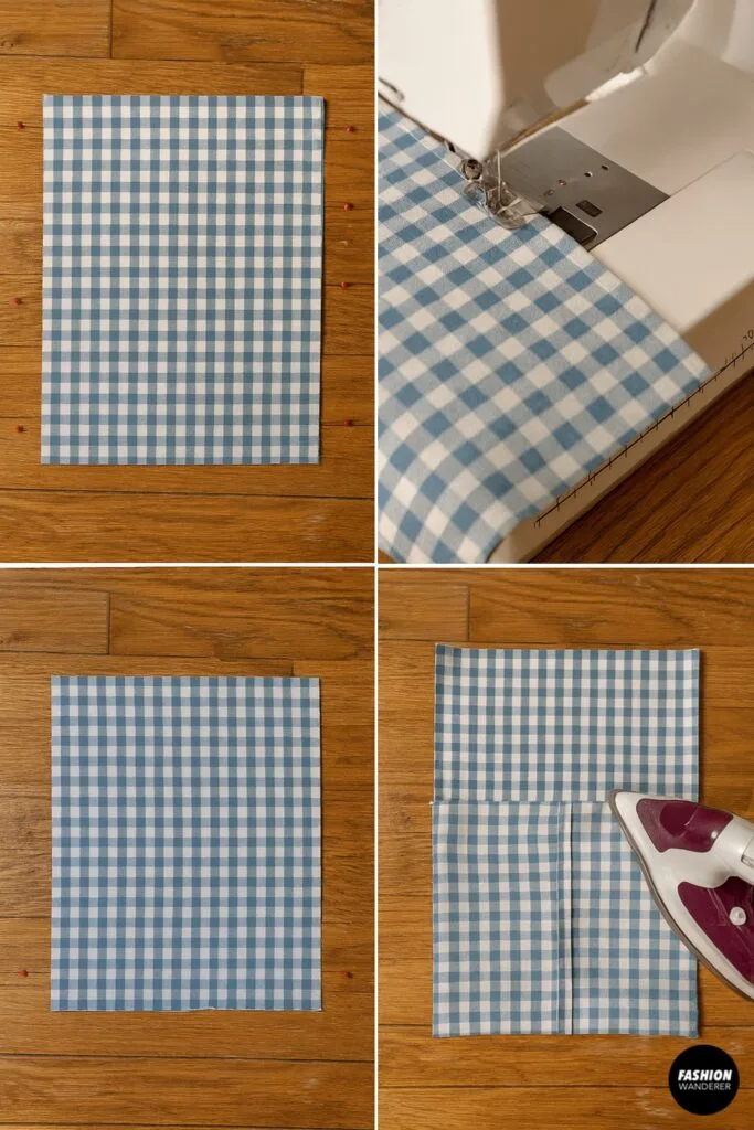 Blue gingham fabric panels being pinned, sewn, and pressed to assemble the inner lining of the reversible tote bag.