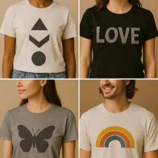 Grid of four T-shirt designs demonstrating reverse appliqu&eacute; ideas: geometric chevron shapes on white, &lsquo;LOVE&rsquo; letters on black, butterfly silhouette on gray, and rainbow motif on cream.