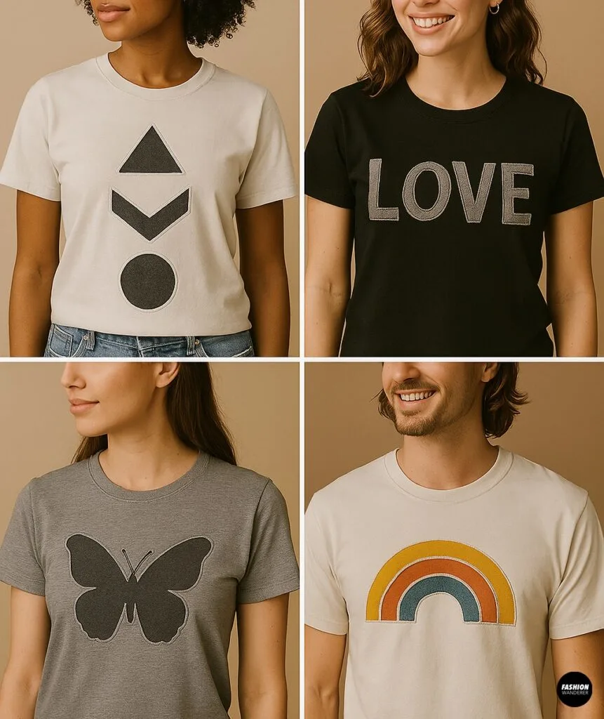Grid of four T-shirt designs demonstrating reverse appliqu&eacute; ideas: geometric chevron shapes on white, &lsquo;LOVE&rsquo; letters on black, butterfly silhouette on gray, and rainbow motif on cream.