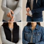 Styling collage showing how to wear a gray thumbhole shirt layered under different outfits, including with a hoodie, puffer vest, denim jacket, and alone with jeans.