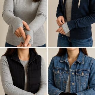 Styling collage showing how to wear a gray thumbhole shirt layered under different outfits, including with a hoodie, puffer vest, denim jacket, and alone with jeans.