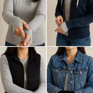 Styling collage showing how to wear a gray thumbhole shirt layered under different outfits, including with a hoodie, puffer vest, denim jacket, and alone with jeans.