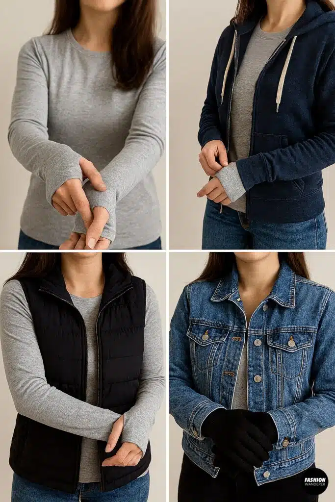 Styling collage showing how to wear a gray thumbhole shirt layered under different outfits, including with a hoodie, puffer vest, denim jacket, and alone with jeans.