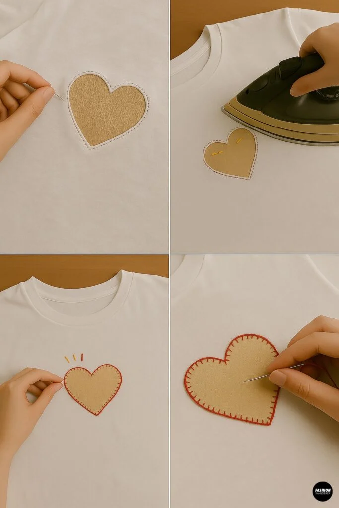 Four images: hand tacking down appliqu&eacute; edge with a needle, ironing applique edges flat, stitching blanket-stitch border around a red heart on a white T-shirt, and close-up of whip-stitch detail on heart appliqu&eacute;.
