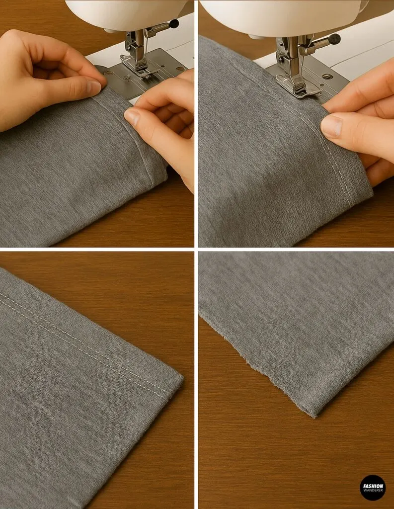 Four-step collage of hands folding, sewing, and reinforcing the hems on a gray T-shirt using a sewing machine to create a secure hem.