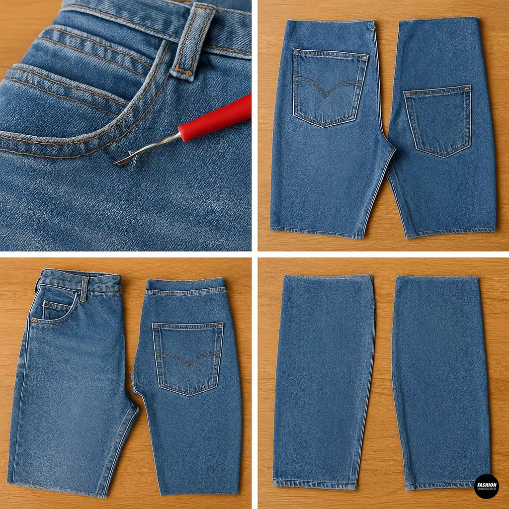 Images of jeans being deconstructed into flat leg panels and pocket sections, ready to be reshaped into skirt and bodice pieces.