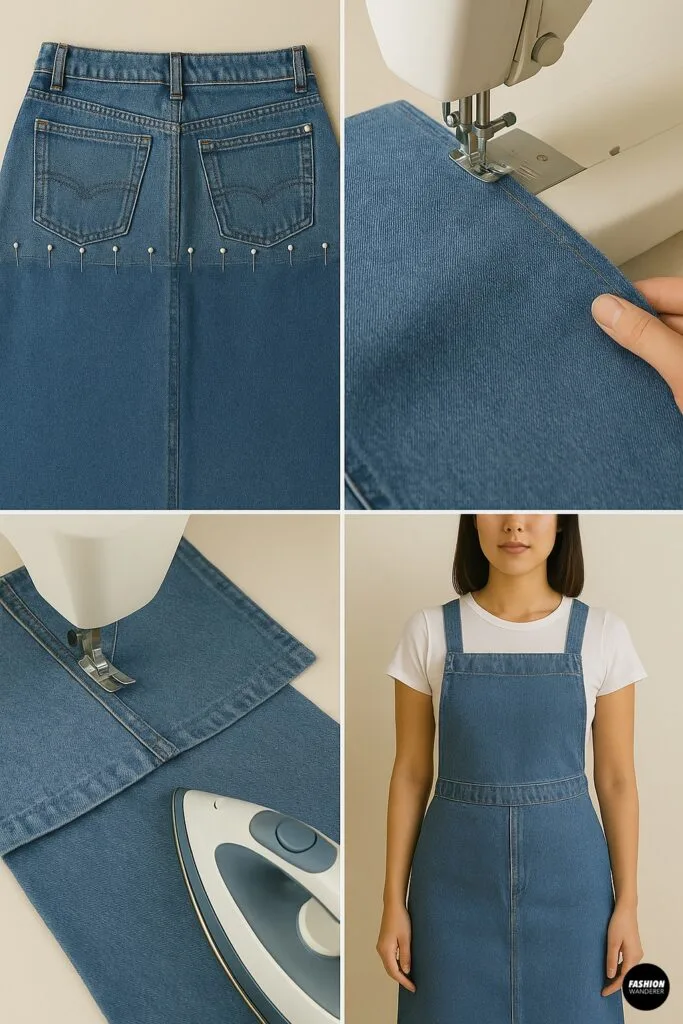 Process images of sewing the denim bodice and skirt together using a sewing machine and iron for pressing seams flat and clean.