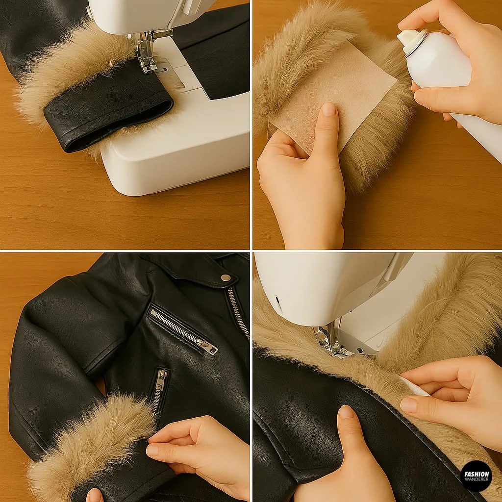 Tutorial collage of sewing faux fur trim onto jacket cuffs and collar using a sewing machine, with an optional fabric glue method.