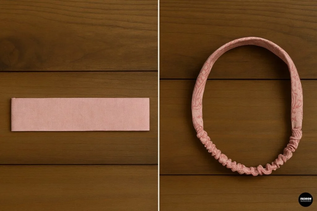 Hand-sewn pink paisley headband with elastic casing shown alongside folded fabric strip on wooden background.