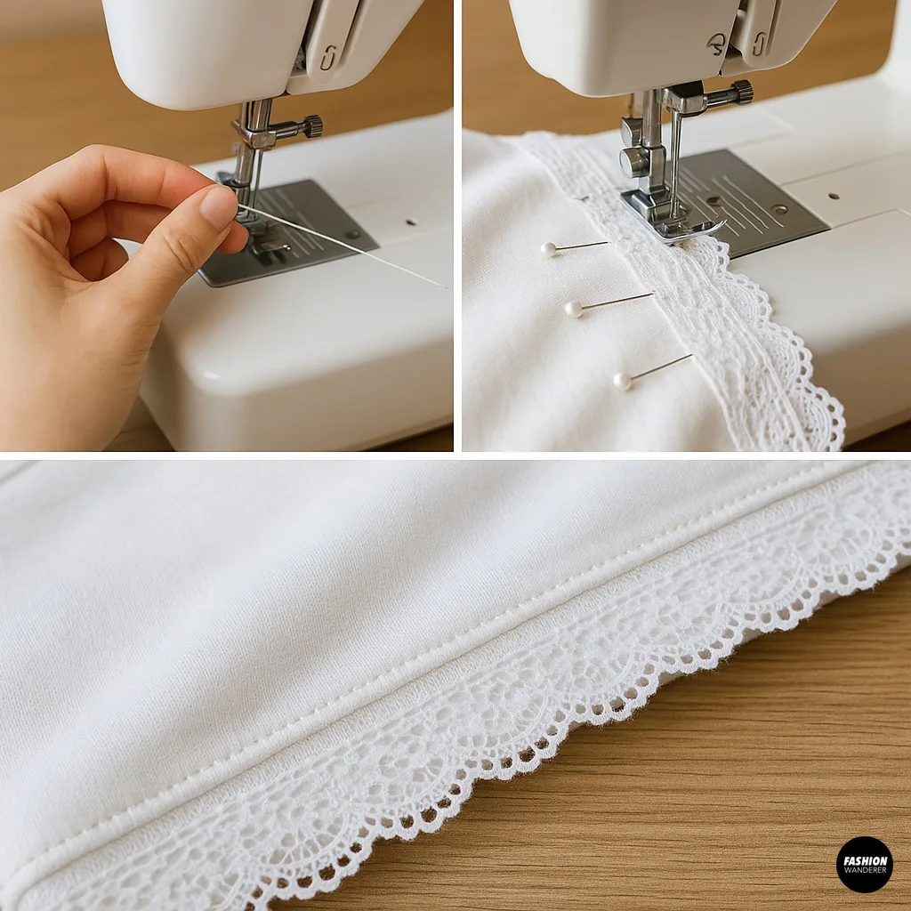 Sewing lace trim onto white hoodie with sewing machine, close-up tutorial for DIY lace hoodie project.