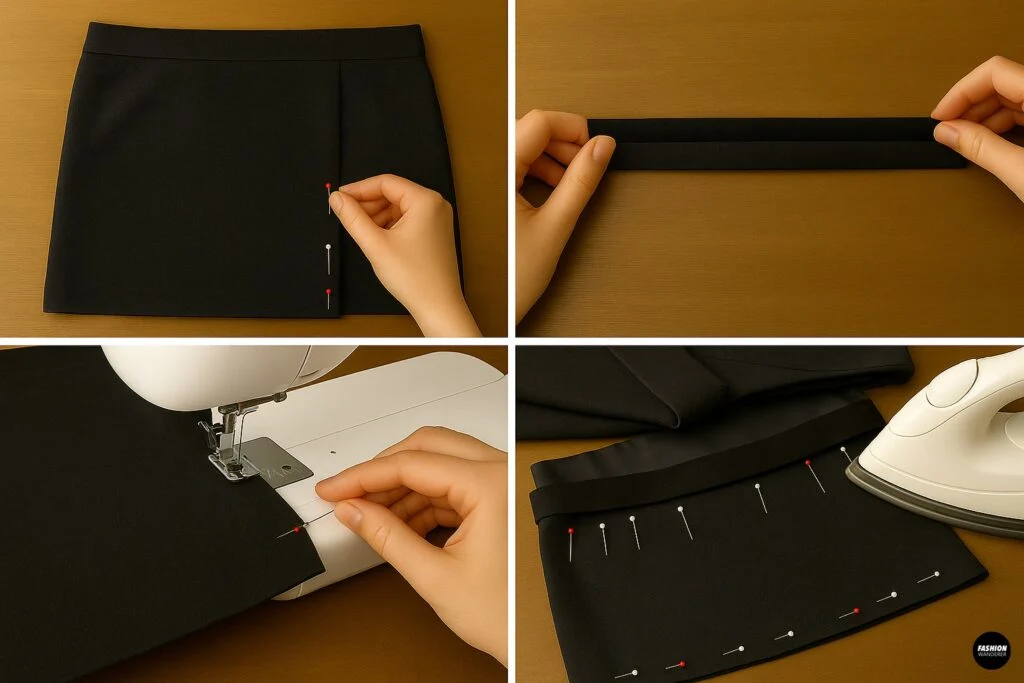 Black mini skirt front panel pinned with side seams aligned beside two narrow side strips ready for stitching in this upcycle tutorial.