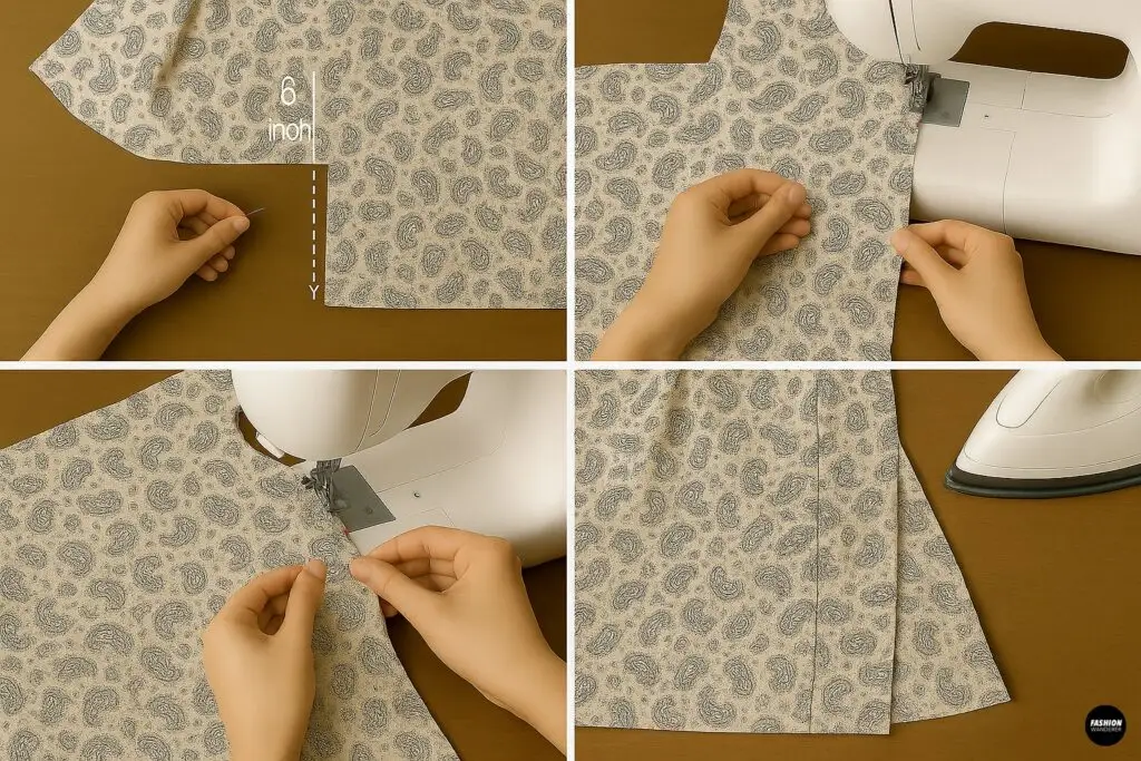 Four images of pinning 8&ndash;10-inch side seams, stitching the side seams of the paisley kimono body, and pressing the sewn edges flat with an iron.