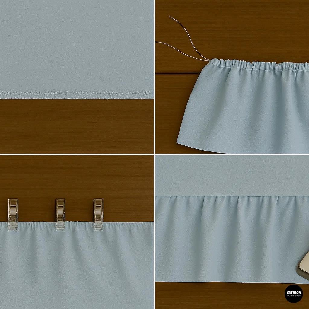 Close-up sewing process of blue fabric strips being gathered and stitched together to form ruffled tiers for a DIY skirt.