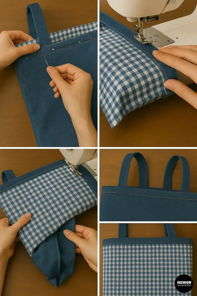 Sewing machine stitching the top seam of a reversible tote bag, securing straps and lining in place.
