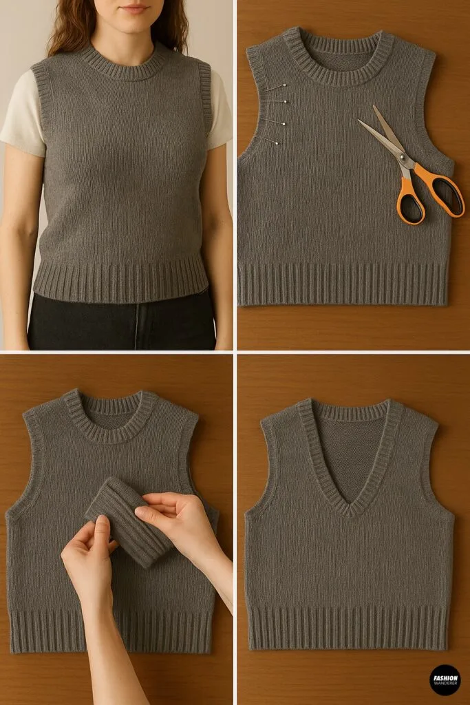 DIY vest tutorial showing armhole shaping on a sleeveless sweater using pins and scissors.