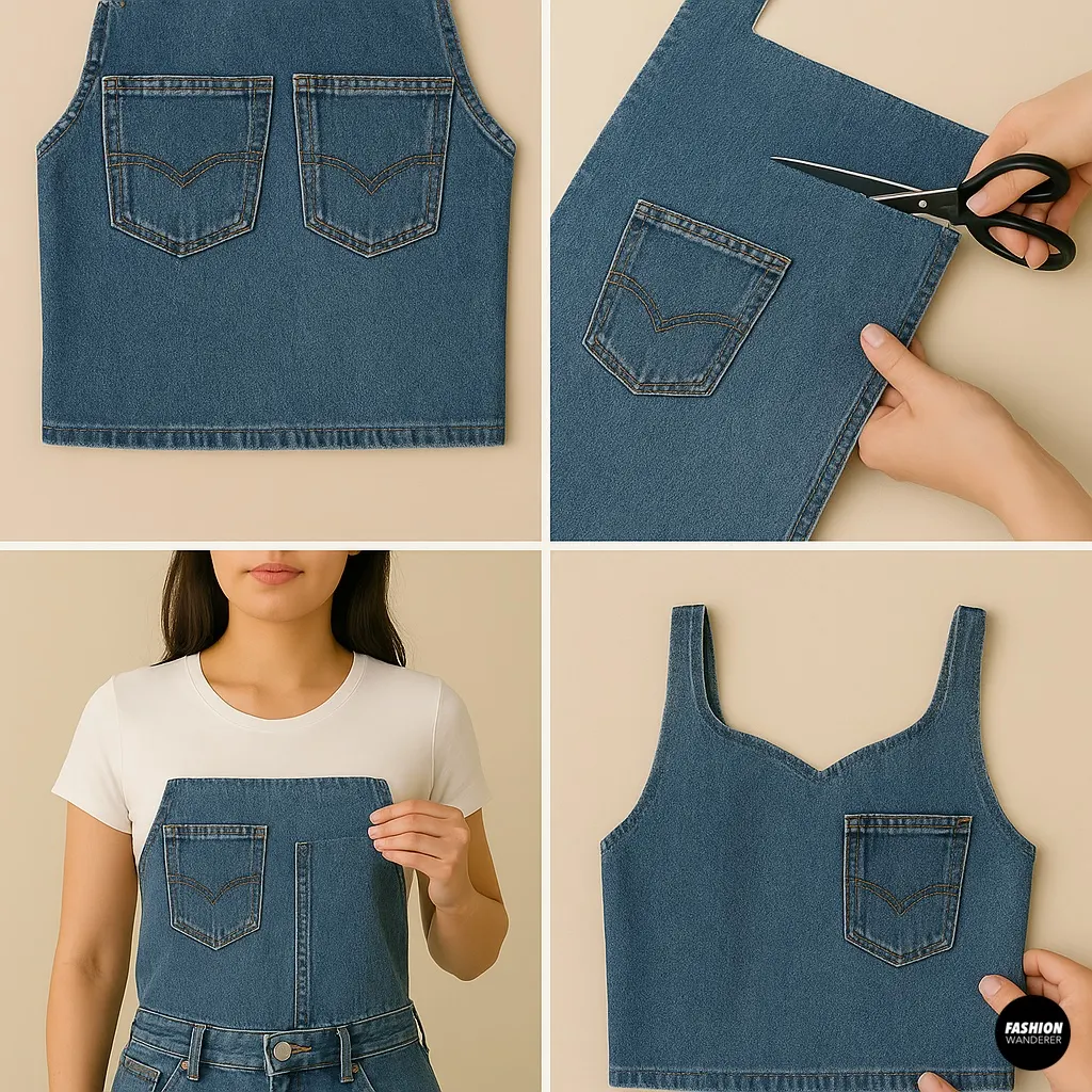 DIY tutorial showing how to cut and shape the top bodice from denim, including adding chest pockets and customizing neckline style.