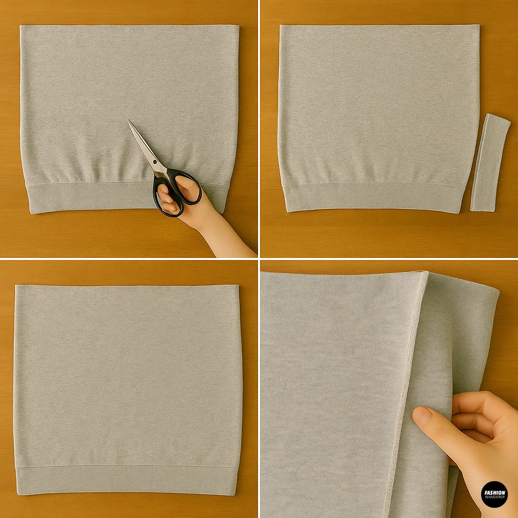 Sewing tutorial collage showing how to cut and shape the hoodie bottom panel into a skirt for a DIY matching set.